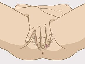 Detaillierte Darstellung einer Frau, die sich selbst befriedigt, Beispiel 2: Sie streichelt Scheide, Klitoris und Schamlippen.