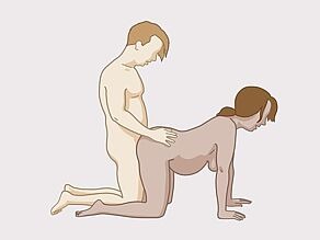 Geslachtsgemeenschap tijdens de zwangerschap voorbeeld 3: De zwangere vrouw zit op handen en knieën. De man zit op zijn knieën achter haar.