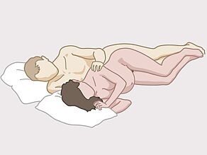 Sex intercourse during pregnancy example 2: The man and pregnant woman lie on the side, the man behind the woman.
